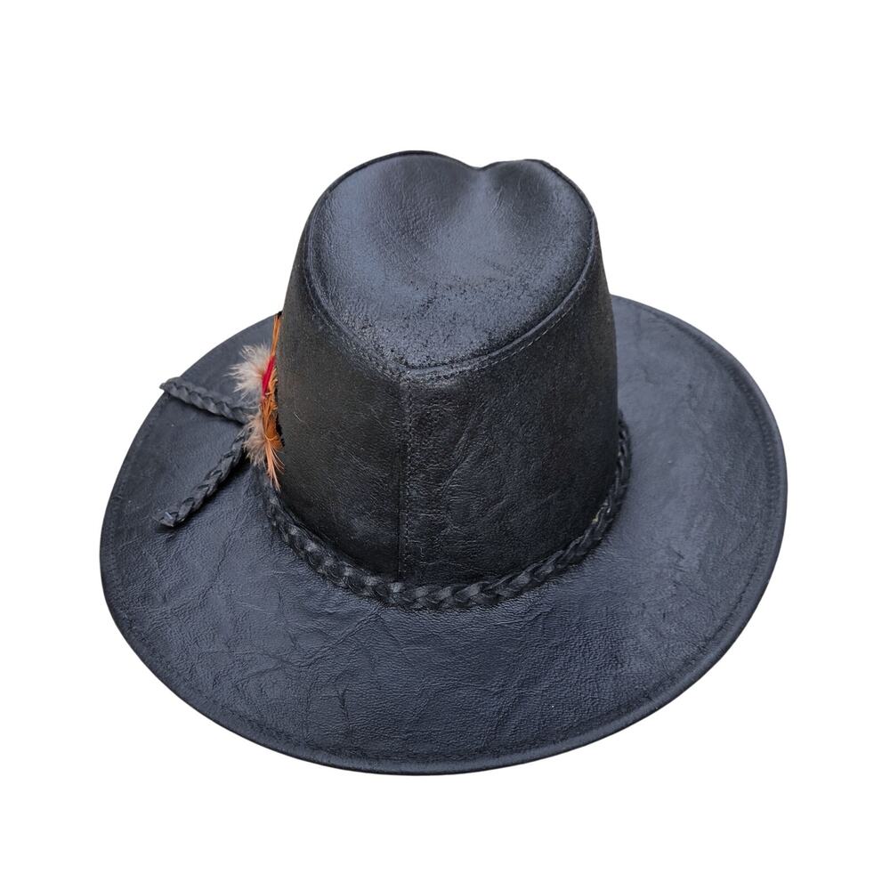 Vintage Leather Cowboy Hat Feather Western Unisex Small USA Made - Picture 6 of 12